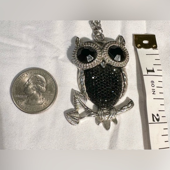 Vintage Owl Silver and Black Rhinestone Necklace - Picture 5 of 7